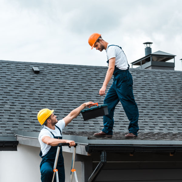 handyman in helmet giving toolbox to handsome coll UDC9WLE South Florida Metal Roofing Experts